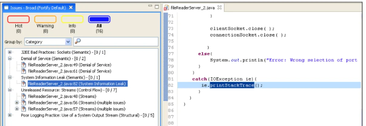 Figure 10: Results of the Source Code Analysis of the File Reader Server Program after the  Removal of the Path Manipulation Vulnerability (fileReaderServer_2.java) 