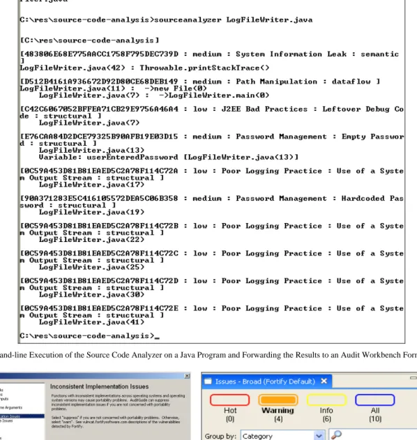 Figure 1: Command-line Execution of the Source Code Analyzer on a Java Program and Forwarding the Results to an Audit Workbench Format File 