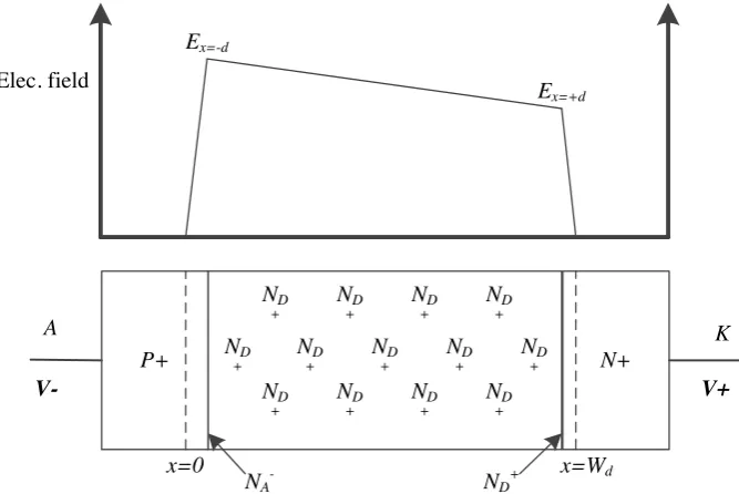 Figure 3.5: One-dimensional approximation of the electric ﬁeld distribution of the PiNdiode under reverse bias.