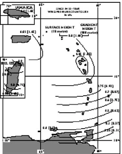 Figure 3.1 Map showing wind pressure in Eastern Caribbean (CARICOM, 1985)