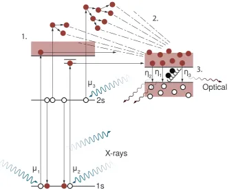 Figure 2.9: Schematic energy level diagram of excitation-luminescence processes.continuum state, aThese give rise to a single luminescence with the respective yieldsAdditionally, the events of an X-ray ﬂuorescence, a K LL Auger process, electronmultiple sc