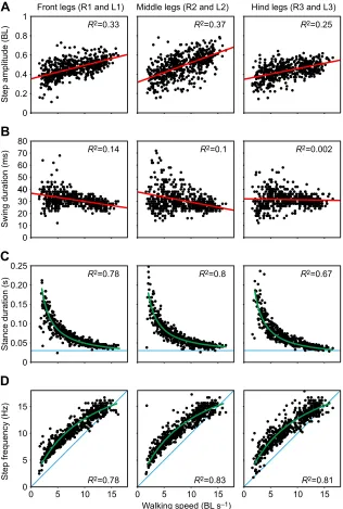 Fig. 1. Basic parameters of walking Drosophilamelanogaster expressed as a function of walkingspeed