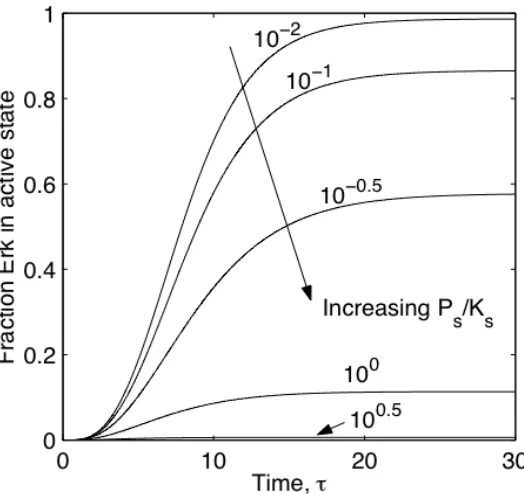 Figure II-2. Temporal profile of module output in response to a step input: the effect of varying the relative amount of phosphatase versus kinase