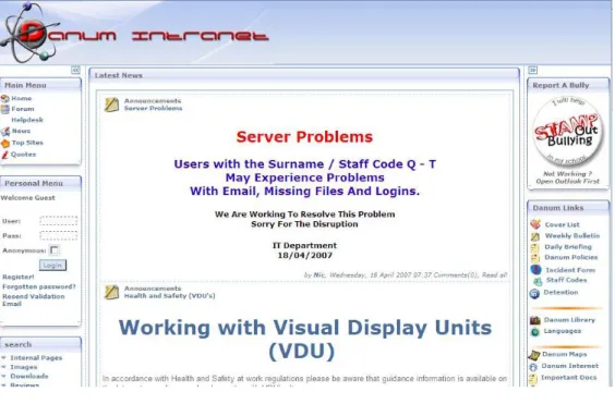 Figure 3.1 shows Danum school current Internet website. The site was a consistant style both naviga- naviga-tional and colour wise