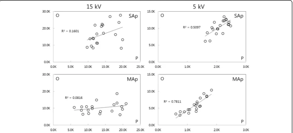 Fig. 3 Correlation of the Ca and P intensities for apatite phases obtained at 15 kV using the Mini-SEM