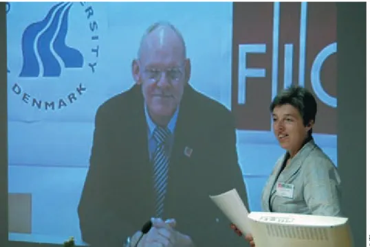 FIG President Stig Enemark delivering his opening speech from a distance   by using Video Conferencing (FIG Workshop Sharing Good Practices, Enschede,   the Netherlands, June 2008)