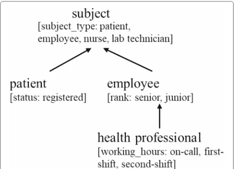 Fig. 8 Example of subject group hierarchy represented as a graph.Below each group name is the list of directly assigned attributes