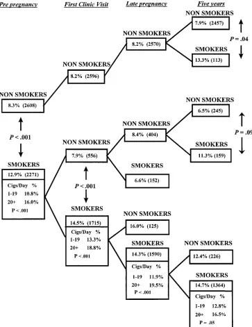 Fig 1.Percentage of children with externalizing behavior problems by maternal smoking before and during pregnancy and at age 5years (N � 4879).