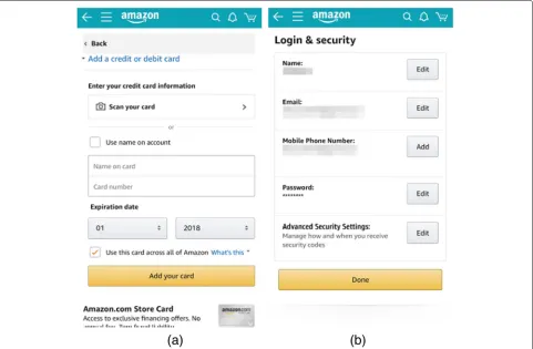 Fig. 1 Examples of users’ sensitive data in mobile applications. a User’s credit card