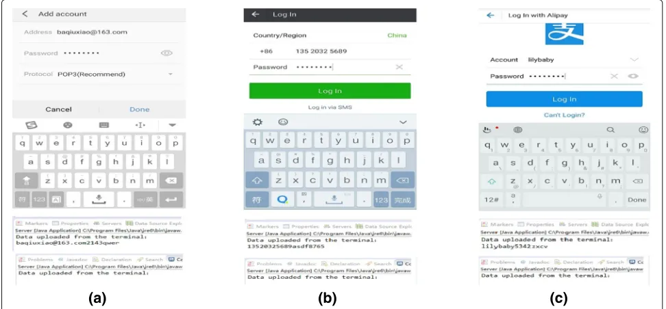 Fig. 11 The defense of IM-Visor on repackaged IME apps. The repackaged IME apps are capable of uploading user names and passwords to therepackaged Sogou IME.remote server without IM-Visor