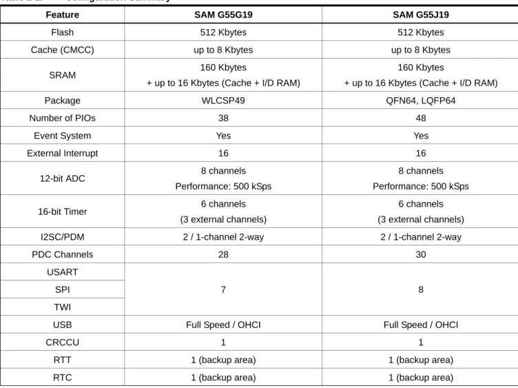 Table 1-1  summarizes the SAM G55 device configurations.