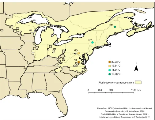 Fig. 1. Salamander collection sites in the eastern USA. The coloration of the points indicates the site heat value, a measure of daily maximum surfacetemperature averaged over 35 years