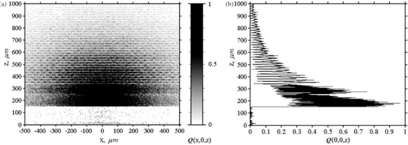 Figure 7. Spatial distribution of auto-fluorescence excitation within human skin: (a) two-dimensional x–z cross-section distribution; (b) the distribution profile along the axis z