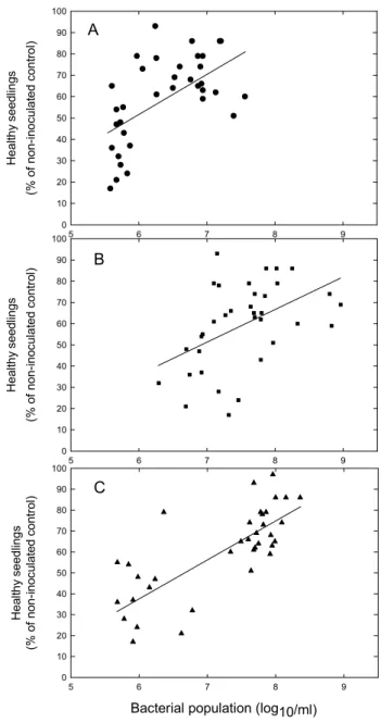 Fig. 3.  Relationship of bacterial populations of aerated compost teas (ACT) to healthy  cucumber seedlings in P