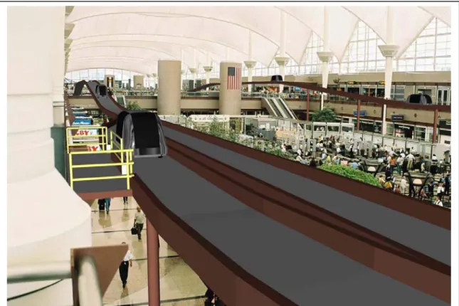 Figure 6. Rendering of a PRT system inside the DIA main terminal. While the system  looks large in the foreground, observing the return guideway in the background  provides an appreciation of its small scale