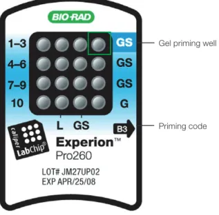 Fig . 3 .1 . Experion Pro260 chip . The locations of the gel priming  well (GS, highlighted) and alphanumeric priming code are indicated.