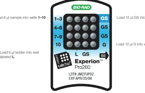 Fig . 3 .2 . Experion Pro260 chip . Wells for loading GS, G, samples, and ladder are indicated.