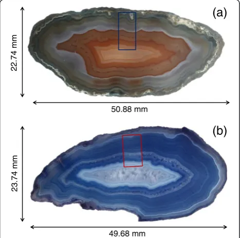 Fig. 1 Two fortification agate samples. They are oval in shape withapproximately 50-mm-long major axes and are characterized bya colorful and b bluish banding layers, respectively