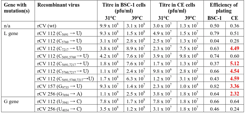 Table 3.4| Efficiencies of plating of mutated rCHPV viruses in BSC-1 and CE cells Viruses with E.O.P