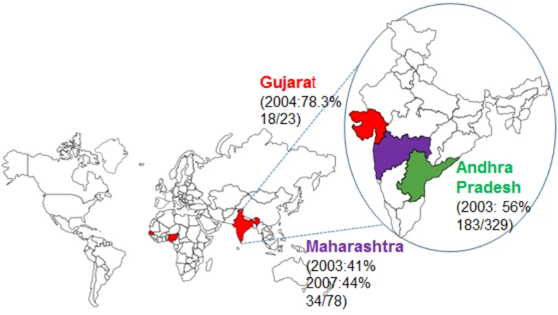 Figure 1.8| Geographical distribution of CHPV Human epidemics have occurred in India and the virus has also been isolated from a pygmy hedgehog in Nigeria and from Phlebotomus sandflies in Senegal