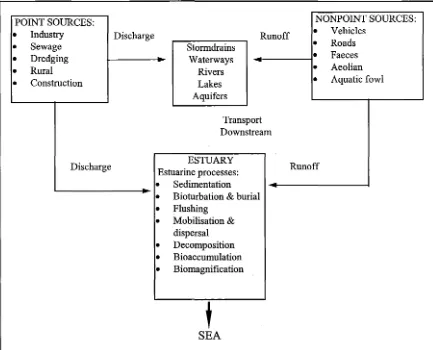 Figure 2.1. Possible flow of point source and nonpoint source contaminants in urban waterways