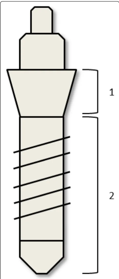 Fig. 1 Diagram of different implant areas used for sampling. 1)Machined (untreated) area