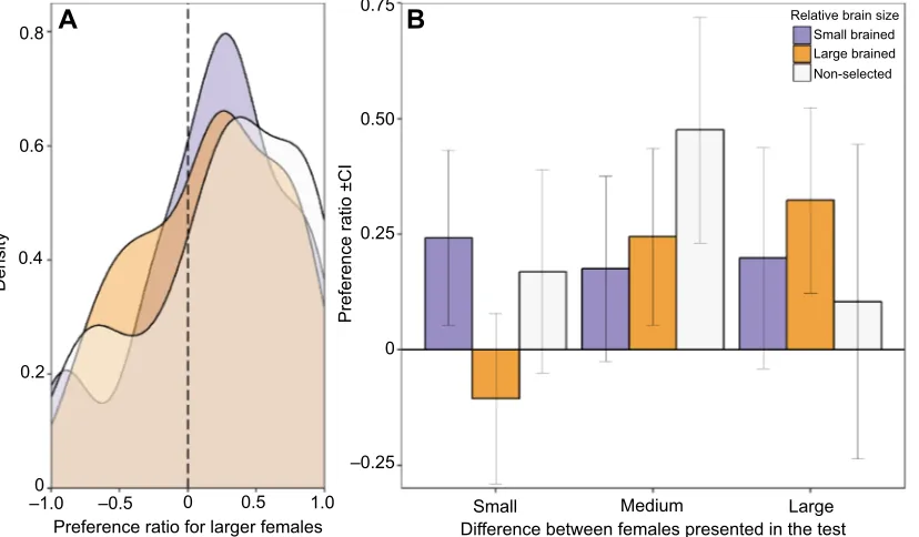 Fig. 1. Male preference for larger female guppies. Preference ratio for larger females was calculated as the difference in time spent with each female divided bythe total amount of time in any of the choice areas