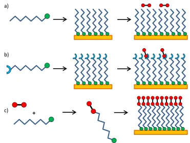 Figure 1.10 Schematics of the various ways in which alkanethiol films have been utilisedas decoupling layers