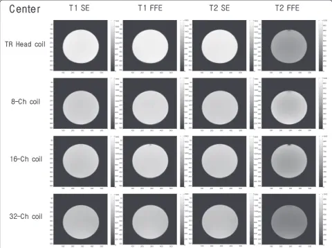 Figure 3 MR images obtained by different types of pulse sequences and RF coils. The DICOM images have the same intensity scale (centerslice in water phantom).