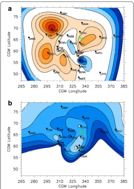 Figure b shows the relative timing between the Pi1-2 lated below 55° latitude since the Pi1 onsets were only observed over a limited spatial region