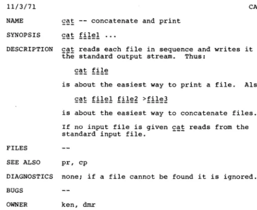 Fig. I-Manual page for cat, UNIX 1st edition, November 1971. 