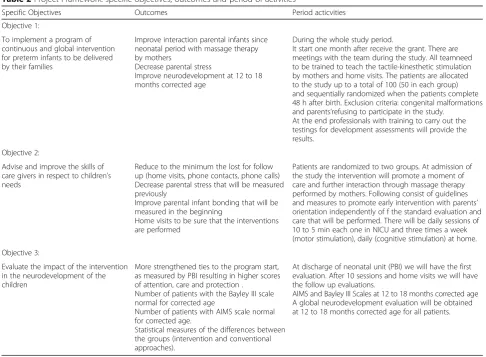 Table 2 Project Framework: specific objectives, outcomes and period of activities