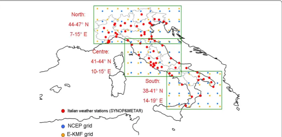 Figure 1 Grid points of the two climate models for the three areas of Italy (north, centre and south) represented by green rectangles; the e-kmf® model grid is shown with orange dots while the CFS-NCEP model grid with blue dots; geographical location of It