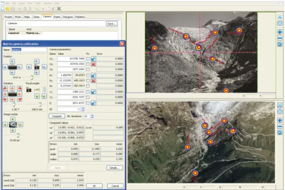 Figure 3: User interface of the WSL monoplotting tool: successfully georeferenced historic oblique  photograph (top right) and respective, linked orthophotograph (bottom right)