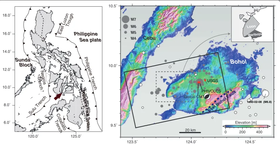 Figure 1 Tectonic setting of Bohol Island, Philippines. Red stars represent the epicenters of the 2013 Bohol earthquake determined by theUSGS, the PHIVOLCS, and the Global CMT Project, respectively