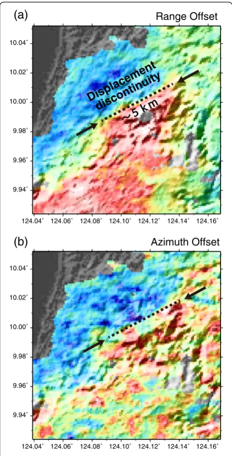 Figure 3 Enlargement views of the offset fields. An enlargementview surrounded by the white frame shown in Figure 2 for rangeoffset field (a) and azimuth offset field (b)