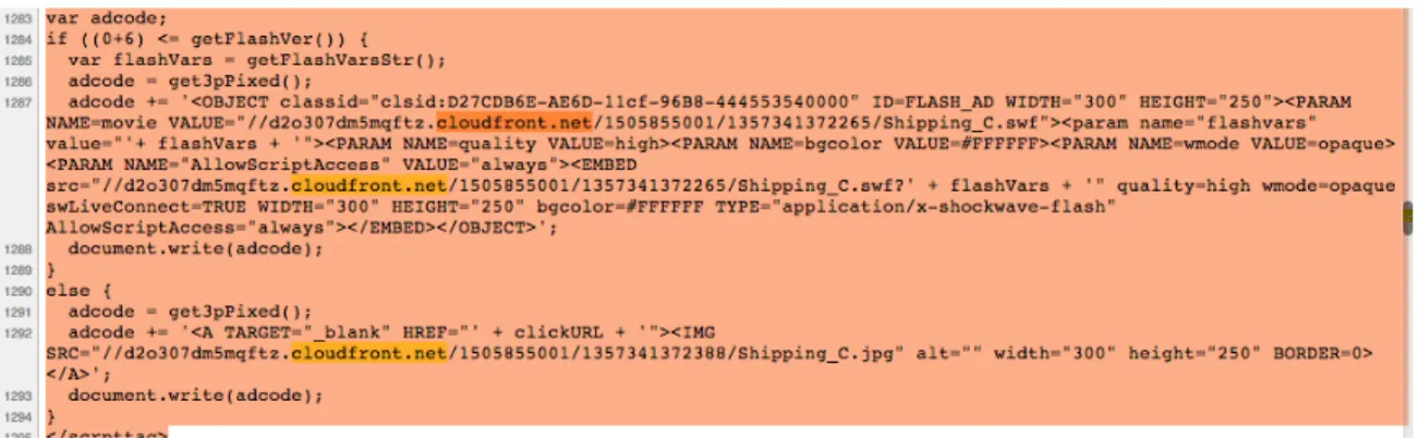 Figure 15.  Example code from amazon.com showing potential URL delimiter bitsquats at cloudfront.net 