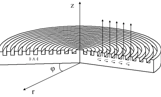 Figure 2.1: Diagram of a circular grating resonator design. The scheme illustrates the 