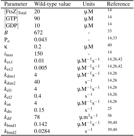 Table 1FtsZ-binding proteins ZipA, FtsA and the FtsEX complex. The experimental literature cites the number of Wild-type parameter values