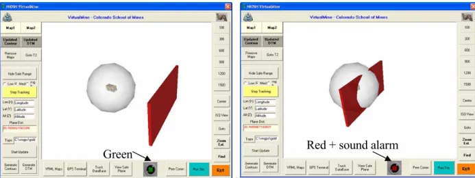 Figure 4. Series of snapshots showing 3D models of the truck and its safety bubble, the picture here shows the truck intersecting a  safety berm (represented by a plane) and warning the truck operator