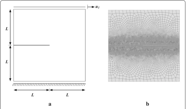 Fig. 9 Single edge notched test a geometry and boundary conditions b mesh discretization
