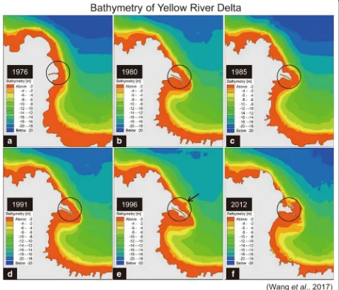 Fig. 8 Maps showing changes in bathymetry of the Yellow River Delta through time. Note changes in shallowest (red) areas surrounding the rivermouth within the circle