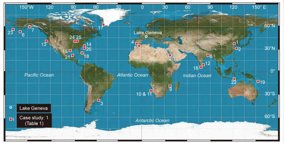 Fig. 1 Location map of 26 case studies of marine and lacustrine environments (Table 1)