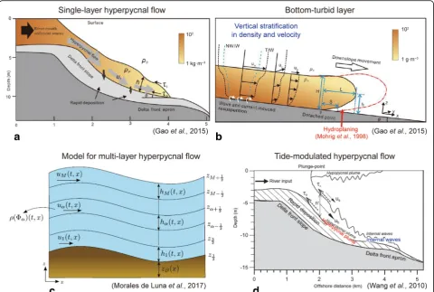 Fig. 4 Variable types of hyperpycnal flows.Note internal waves. Internal waves occur only along pycnoclines (ShanmugamTide-modulated hyperpycnal flow, Yellow River (Wang et al.numerical modeling (Morales de Luna et al.fluid layer; u = Velocity;Clearance Ce