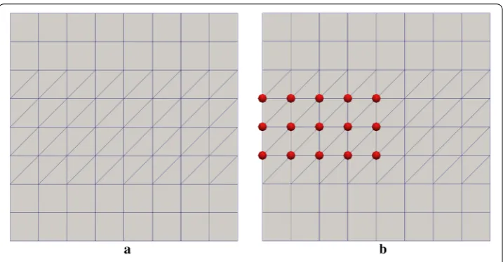Fig. 7 TRI3 and QUAD4 mesh and singular enrichment adopted for 2-D edge crack problem—a FEM meshwith TRI3 and QUAD4 elements—b nodes enriched with crack tip functions