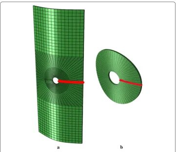 Fig. 10 Stress analysis path. Paths where the stress components are compared for the full 3D referencemodel (a) and the 3D part of the global/local model (b)