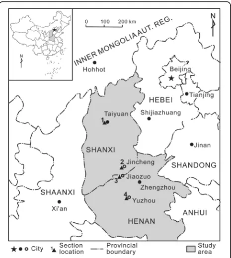Fig. 1 Map of the study area and section locations. Inset map of Chinais modified after State Bureau of Surveying and Mapping (No