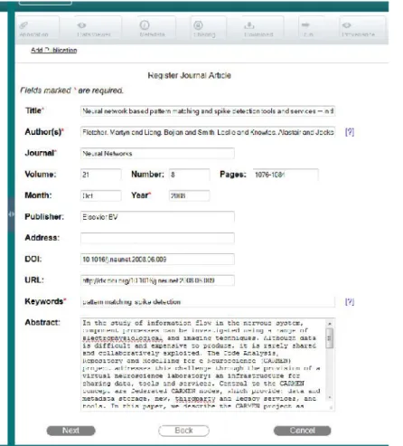 Figure 5 Screenshot of the form for a journal article populated by an article details