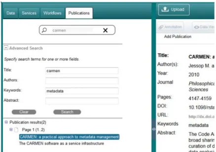 Figure 8 Advanced search allows the user to perform a fielded search. In the figure, the user has performed an advanced search for the term “carmen” in the title and “metadata” in the keywords