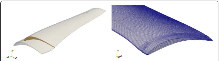 Fig. 1 Global view of the OGV part geometry with cross sectional slice (left) and detail of the computationalmesh (right)